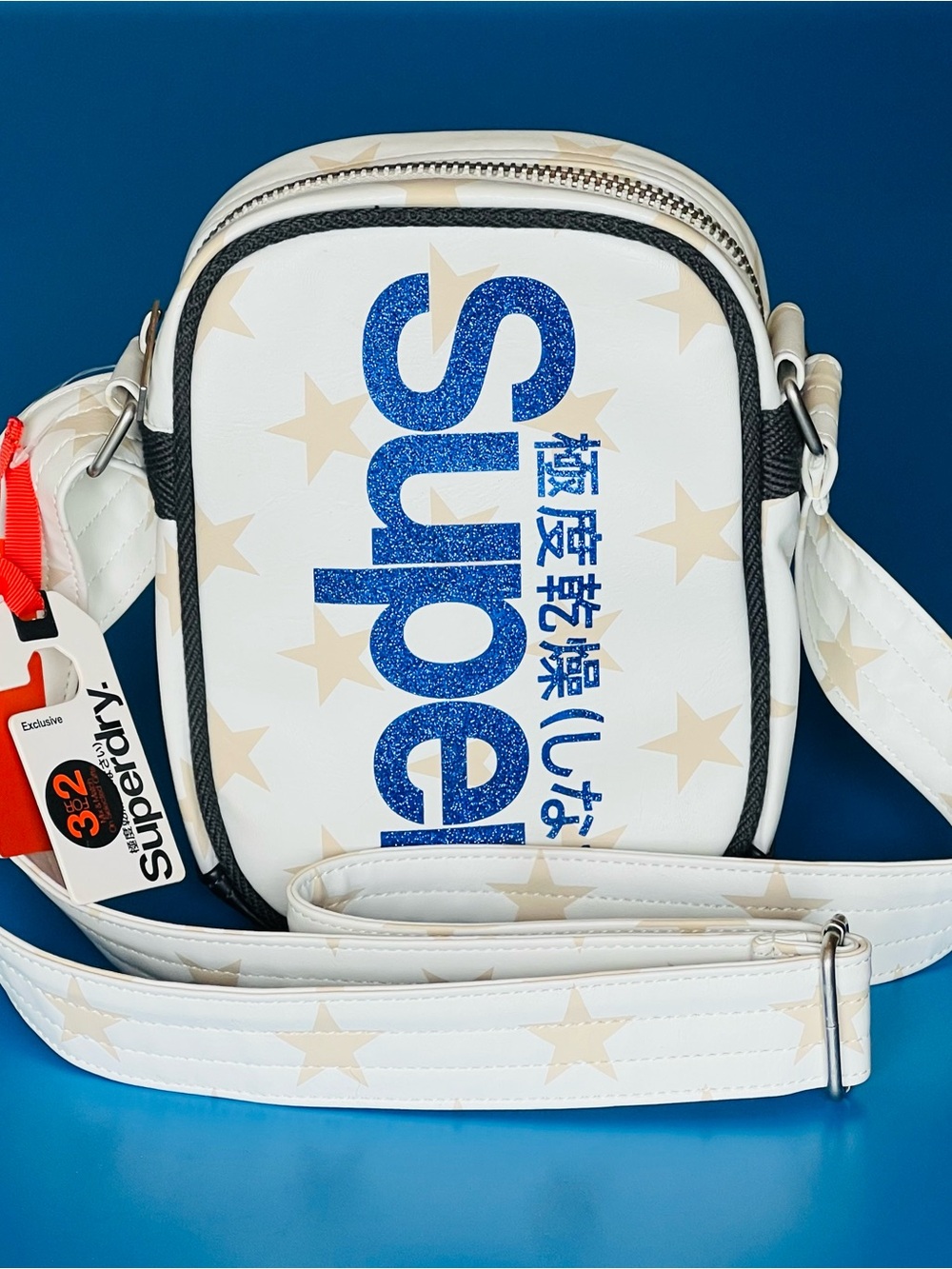 Superdry White Crossbody Bag with Blue Glitter Logo Festival Bag NWT